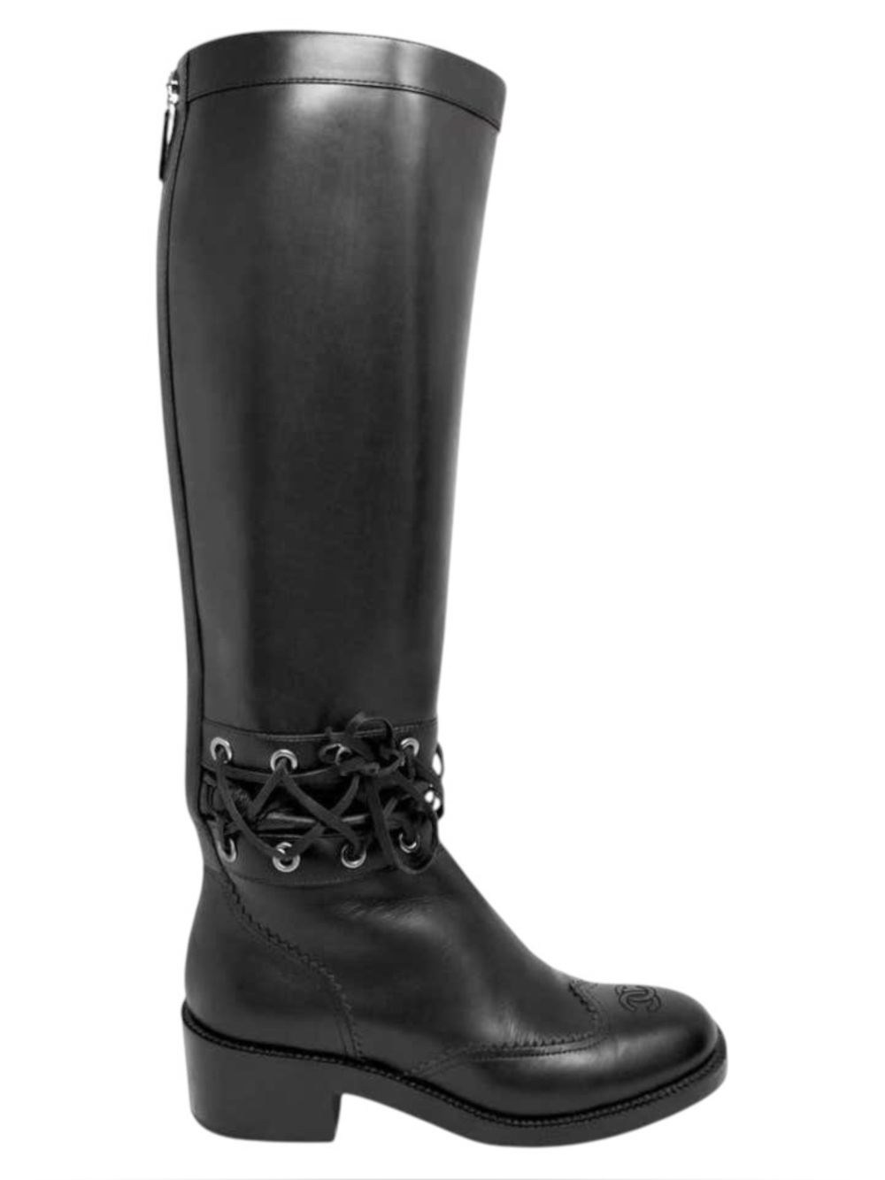 CHANEL KARL LAGERFELD Fall 2016 Runway Black Corset CC Riding Boots 38.5